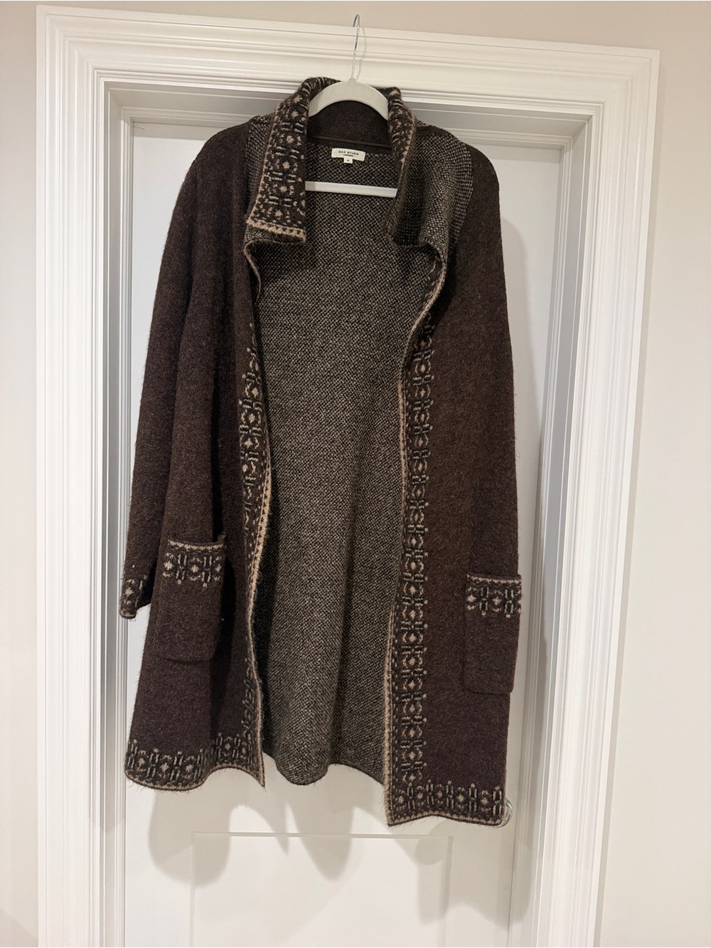 Max Studio Dark Brown Open-Front Knit Cardigan with Patterned Trim